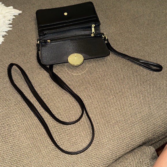 Black soft leather feel clutch gold metal adjustable strap cross body purse 7x5” - Picture 7 of 16